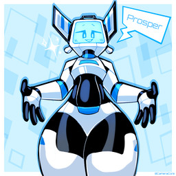 blue_background machine male not_furry screen screen_face simple_background solo speech_bubble spread_arms text thick_thighs baronflint camelot_(baronflint) humanoid robot robot_humanoid 1:1 english_text