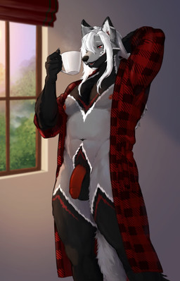 balls bathrobe black_body black_fur casual_nudity claws clothing coffee_mug facial_hair flaccid foreskin fur genitals goatee grey_body grey_fur hair hot_drink interior_background long_hair male markings morning muscular muscular_male navel nipples open_mouth pattern_clothing penis plaid plaid_bathrobe plaid_clothing red_eyes red_markings red_nipples red_penis red_tongue robe solo stretching tired_eyes tongue white_claws white_facial_hair white_goatee white_hair white_markings window lulywoolf jace_ehnon canid canine fox mammal absurd_res hi_res
