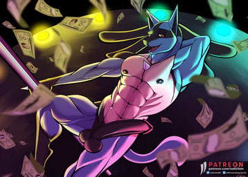abs anthro balls dancing genitals humanoid_genitalia male money muscular penis pole solo stage stripper stripper_pole iudicium86 nintendo pokemon generation_4_pokemon lucario pokemon_(species) hi_res