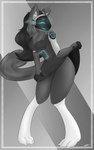 3_toes anthro black_claws black_clothing black_hair bread breasts claws clothed clothing feet female fingers food fur grey_body grey_fur hair machine nervous protogen_visor simple_background smile solo toes white_body white_fur quiverthorn mammal protogen digital_media_(artwork) hi_res