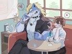 anthro beverage blonde_hair blue_body blue_fur blush brown_hair collar drinking_straw duo embarrassed fur hair heart_symbol male male/male romantic romantic_couple silly_straw smug spiked_collar spikes tsundere hoshiyama34 lifewonders tokyo_afterschool_summoners fenrir_(tas) protagonist_(tas) twink_protagonist_(tas) canid canine canis human mammal wolf 4:3 hi_res