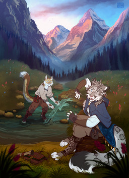anthro clothed clothed_anthro clothed_male clothing creek duo dusk female fur grass male male/female mountain mountain_range plant sky splashing_water tail tree water white_body white_fur geaidu lumy rikki_(purrma) cougar felid feline mammal pantherine snow_leopard 2025 absurd_res digital_media_(artwork) hi_res