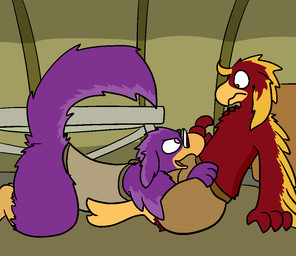 ambiguous_gender anthro bottomwear brown_eyes butt clothing eyewear feathers glasses inside pants pink_eyes shirt simple_background solo sunglasses tent topwear trout_(artist) avian bird tezakian 2016 aliasing digital_media_(artwork)