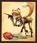 anthro biped boots breasts cleavage clothed clothing dialogue dipstick_tail eyewear female femme_fatale footwear goggles gun handgun high_heeled_boots high_heels m712_schnellfeuer markings mauser_c96 photo pistol pose ranged_weapon shoes smile solo tail tail_markings text weapon kamina1978 konami mauser metal_gear metal_gear_solid_3 eva_(metal_gear) canid canine fox mammal english_text