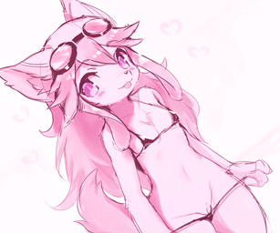 anthro bikini bikini_down bikini_pull blush clothed clothing clothing_pull female fur genitals hair heart_symbol kemono micro_bikini partially_clothed pink_body pink_fur pink_hair simple_background smile solo swimwear swimwear_pull tongue tongue_out two-piece_swimsuit vulva white_background conditional_dnp crunchobar cyberconnect2 little_tail_bronx solatorobo chocolat_gelato canid canine caninu mammal 6:5 absurd_res digital_media_(artwork) hi_res