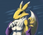 anthro black_sclera female fur mostly_nude solo white_body white_fur yellow_body yellow_fur drxsmokey bandai_namco digimon canid canine digimon_(species) mammal renamon