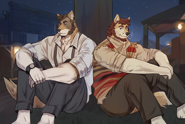 biped black_nose cigarette clock clothed clothing detailed_background duo male night smoking watch wristwatch gol1ath echo_(series) echo_project the_smoke_room itreyu william_adler canid canine canis coyote mammal 2024 colored hi_res