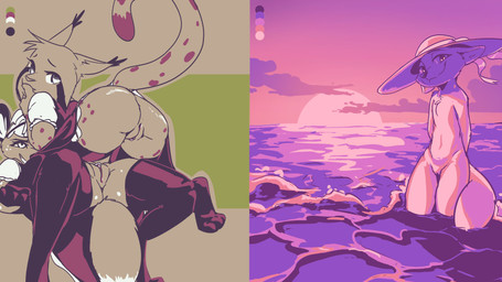 anthro butt chest_tuft clothed clothing cloud color_swatch crossgender duo ear_tuft female female/female footwear genitals hat headgear headwear legwear looking_at_viewer looking_back lying maid_uniform mtf_crossgender on_back on_top outline outside sea simple_background sky smile socks solo standing sun_hat sunset thigh_highs thigh_socks tuft uniform vulva water ittybittykittytittys disney zootopia fan_character marc_(theblueberrycarrots) milo_(juantriforce) skye_(zootopia) african_wild_dog canid canine felid feline fox lynx mammal 16:9 2020 hi_res multiple_images restricted_palette widescreen