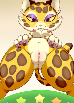 anthro areola bedroom_eyes breasts butt claws countershading eyeshadow fangs female fur genitals looking_at_viewer makeup markings narrowed_eyes navel nipples pink_claws pink_nose purple_eyes purple_eyeshadow seductive solo spots spotted_body spotted_fur tail teeth thick_thighs vulva whiskers wide_hipped_female wide_hips yellow_body yellow_fur lonbluewolf kirby_(series) kirby_and_the_forgotten_land nintendo clawroline felid leopard mammal pantherine 2022 hi_res