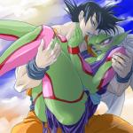 black_hair blue_eyes cloud crossgender duo female hair male not_furry outside red_eyes sky unknown_artist dragon_ball dragon_ball_z goku piccolo alien human humanoid mammal namekian saiyan 1:1 low_res source_request