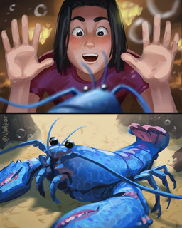 antennae_(anatomy) black_hair blush carapace duo feral hair long_hair love_at_first_sight male romantic romantic_ambiance smile water water_tank vutkarartist image_comics invincible_(image_comics) oliver_grayson alien aquatic arthropod crustacean decapod hybrid lobster malacostracan mammal thraxan viltrumite 4:5 hi_res