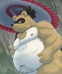 anthro belly big_belly black_nose brown_body brown_fur detailed_background fur green_eyes kemono male moobs navel nipples outside overweight overweight_male plant raining solo tree umbrella white_body white_fur rockmai3 sengoku_puzzle tokugawa_ieyasu canid canine mammal raccoon_dog tanuki 2022 hi_res