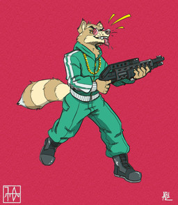 anthro boots chain clothing ears_up eyewear footwear gangster glasses gold_(metal) gold_chain gun holding_gun holding_object holding_ranged_weapon holding_shotgun holding_weapon male raccoon_tail ranged_weapon round_glasses shoes shotgun smile solo spas-12 tail teeth teeth_showing tongue tongue_out tracksuit weapon wearing_glasses mawkvlt mammal procyonid raccoon hi_res