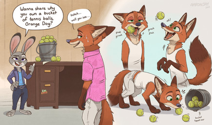 4_fingers 4_toes acting_like_a_dog all_fours anthro arm_tuft ball biped black_nose bottomwear bucket cheek_tuft claws clothed clothed_anthro clothed_female clothed_male clothing container countershade_face countershade_neck countershade_tail countershading dipstick_ears duo ear_markings elbow_tuft eyebrows eyelashes facial_tuft feet female female_anthro finger_claws fingers fur fur_tuft gloves_(marking) green_eyes grey_body grey_fur humanoid_hands humor inner_ear_fluff male male_anthro markings multicolored_body multicolored_ears multicolored_fur open_mouth orange_body orange_fur pants pink_nose purple_eyes red_body red_fur shirt smile snout standing tail talking_to_another tan_body tan_countershading tank_top teeth tennis_ball tennis_ball_in_mouth text toes tongue topwear tuft two_tone_body two_tone_fur aar0njay disney zootopia judy_hopps nick_wilde canid canine european_rabbit fox lagomorph leporid mammal oryctolagus rabbit red_fox true_fox 2025 artist_name colored dated digital_media_(artwork) english_text hi_res