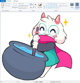 2_horns 4_fingers ^_^ anthro barefoot blush cauldron eyes_closed eyewear feet fingers floppy_ears fur glasses horn male open_mouth pink_horn pink_scarf scarf smile solo star text toes white_body white_fur fafameow deltarune undertale_(series) ralsei bovid caprine goat mammal aliasing binary_drawing digital_drawing_(artwork) digital_media_(artwork) french_text hi_res microsoft_paint_(artwork)