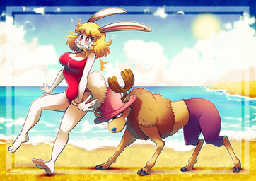 anthro barefoot beach blonde_hair clothing duo feet female feral fluffy fluffy_tail fur hair hat headgear headwear male nervous one-piece_swimsuit pushing red_clothing smile smirk swimwear tail white_body white_fur vaporotem one_piece carrot_(one_piece) tony_tony_chopper tony_tony_chopper_(walk_point_form) deer lagomorph leporid mammal mink minkmen_(one_piece) mustelid musteline rabbit true_musteline hi_res