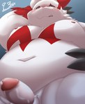 2023 anthro belly big_belly blush generation_3_pokemon hi_res kemono male moobs navel nintendo nipples overweight overweight_male pokemon pokemon_(species) red_body reverse_zangoose_day solo tolsche tongue tongue_out white_body zangoose