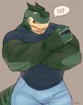 anthro beard biceps big_bulge big_muscles body_hair bottomwear bouncer bulge chest_hair clothing crossed_arms facial_hair green_body green_skin horn looking_at_viewer male musclegut muscular muscular_anthro muscular_male open_mouth pants shirt solo standing text topwear lazy_tiggy orion_(loremastergober) scalie absurd_res english_text hi_res