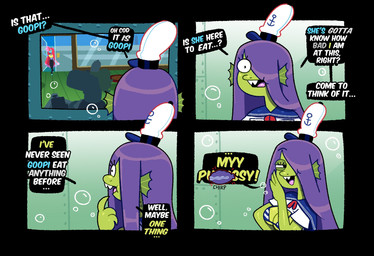 anthro bikini bikini_top bra buckteeth censored_text clothing dialogue duo employee employee_uniform eyelashes eyelashes_through_hair fast_food_employee fast_food_restaurant fast_food_uniform female hair hair_over_eye hat headgear headwear long_hair purple_hair swimwear teeth text translucent translucent_hair two-piece_swimsuit underwater underwear water white_clothing white_hat white_headwear somescrub eelie_applebottom goopi_pines aquatic eel fish goo_creature humanoid censored comic english_text hi_res
