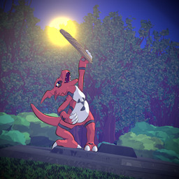 ambiguous_gender baguette bread claws feral food forest glowing grass holding_object markings open_mouth outside plant red_body solo tail teeth tree yellow_eyes aquinas_audax bandai_namco digimon digimon_(species) guilmon scalie 1:1 2025 3d_(artwork) absurd_res blender_(artwork) blender_eevee_(artwork) digital_media_(artwork) hi_res