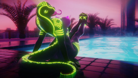 5_toes anthro big_breasts black_body black_scales breasts butt fangs feet female floor forked_tongue glowing glowing_body glowing_nipples glowing_scales long_tail long_tongue looking_at_viewer nipples non-mammal_breasts non-mammal_nipples nude nude_anthro nude_female open_mouth outdoor_nudity outside palm_tree plant plantigrade pool poolside purple_nipples raised_leg scales sitting sitting_on_ground solo tail teeth tile tile_floor toes tongue tongue_out tree water annoad annoad_(modeler) qhala cobra reptile scalie snake 3d_(artwork) absurd_res digital_media_(artwork) hi_res