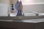 bath bathroom blinds blue_body blue_feathers blue_fur blue_hair brush crown cutie_mark day faucet feathered_wings feathers female feral floor fur green_eyes hair headgear horn jewelry light looking_at_viewer mouth_hold necklace photo plant ponies_in_real_life princess real royalty sitting solo sunlight tile tile_floor water window wings oppositebros friendship_is_magic hasbro my_little_pony mythology princess_luna_(mlp) equid equine mammal mythological_creature mythological_equine winged_unicorn 2012 hi_res mixed_media