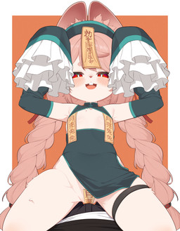 anthro armwear asian_clothing bedroom_eyes blush bottomwear braided_hair breasts buckteeth bulge chinese_clothing chinese_dress clothed clothing detached_sleeves dress duo ear_piercing east_asian_clothing erection erection_under_clothing eyebrows female female_on_top fur hair highleg imminent_sex inner_ear_fluff jiangshi_costume kemono loincloth loli long_hair long_sleeves looking_at_viewer male narrowed_eyes naughty_face no_underwear ofuda ofuda_on_breast ofuda_on_vulva on_top open_mouth pelvic_curtain piercing pigtails pink_hair pupils raised_arms red_eyes seductive sleeves_past_fingers sleeves_past_wrists small_breasts smile spread_legs spreading talisman teeth thick_eyebrows thick_thighs thigh_strap tuft twin_braids white_body white_fur white_pupils young young_anthro maru039 asian_mythology chinese_mythology east_asian_mythology mihoyo mythology zenless_zone_zero zhao_(zenless_zone_zero) jiangshi lagomorph leporid mammal rabbit thiren undead absurd_res hi_res adult_(lore)