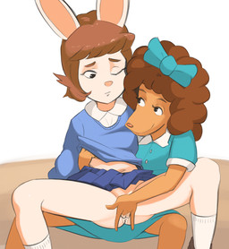 accessory anthro bangs blind bottomwear bow_(feature) bow_accessory bow_ribbon brown_hair centered_hair_bow clothing curly_hair disability dress duo female female/female fingering fingering_partner footwear hair hair_accessory hair_bow hair_ribbon legwear loli masturbation navel one_eye_closed penetration pink_nose reach_around ribbons sex shirt shoes simple_background sitting skirt smile socks spread_legs spreading sweater topwear vaginal vaginal_fingering vaginal_masturbation vaginal_penetration young young_anthro unknown_artist arthur_(series) marina_datillo prunella_deegan canid canine canis domestic_dog lagomorph leporid mammal poodle rabbit