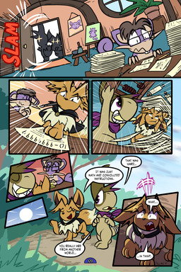 7_panel_comic ambiguous_gender biped black_cape black_clothing black_eyes black_nose black_text bodily_fluids brown_body brown_fur brown_hair cape clenched_teeth clothing coin day dialogue door ellipsis exclamation_point eyebrows eyelashes eyes_closed eyewear feral floor fluffy fluffy_tail fur furniture glasses group hair holding_object inner_ear_fluff inside motion_lines mouth_closed neck_tuft open_mouth open_smile outside painting_(object) paper plant quadruped question_mark red_text shadow sharp_teeth shrub sky smile sound_effects sparkles sparkling_eyes speech_bubble sun sweat sweatdrop table tail talking_to_another teeth text tongue translucent translucent_hair tree trio tuft tusks wall_(structure) white_sclera window virmir nintendo pokemon pokemon_mystery_dungeon spike_chunsoft virmir_(character) zinc_(zincxiron) axew eevee generation_1_pokemon generation_5_pokemon pokemon_(species) rattata 2026 2:3 absurd_res comic english_text hi_res male_(lore)