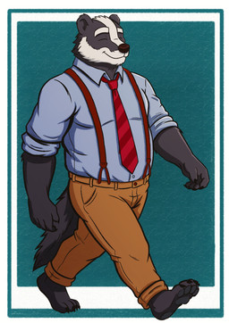 accessory anthro biped black_body black_fur bottomwear clothing eyes_closed fur happy male necktie pants shirt slightly_chubby smile solo standing suspenders topwear white_body white_fur velanir beastly_crimes beastly_crimes_(2024) chief_badger badger mammal mustelid musteline 2026 absurd_res hi_res
