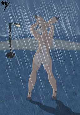 5_fingers anthro bathing big_ears butt eyebrows female fingers grass hooves nude nude_anthro nude_female outside plant purple_eyes raining rear_view road shadow showering smile solo street street_lamp tail mistakejake laurie_(mistakejake) deer mammal hi_res