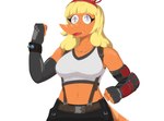 5_fingers accessory anthro armwear belt blonde_hair breasts clothing crop_top derp_eyes elbow_gloves female fingerless_gloves fingers freckled_shoulders freckles gloves grey_eyes hair hair_accessory hairband handwear long_hair long_tail midriff navel open_mouth open_smile orange_body orange_scales scales shirt simple_background smile snout solo suspenders tail topwear white_background veisz_stories cavemanon_studios final_fantasy final_fantasy_vii snoot_game square_enix heather_(snoot_game) tifa_lockhart acrocanthosaurus carcharodontosaurid dinosaur prehistoric_species reptile scalie theropod 2025 absurd_res digital_drawing_(artwork) digital_media_(artwork) hi_res