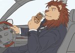 5_fingers anthro beverage bottomwear brown_mane business_suit car clothing coffee day drinking drinking_straw driving fingers fur holding_object humanoid_hands inside_car inside_vehicle jacket kemono male mane necktie pants shirt sitting solo suit tan_body tan_fur topwear vehicle yellow_eyes kedama lexus_(car) felid lion mammal pantherine 2008 archived_source digital_media_(artwork)