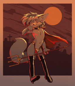 4_fingers anthro black_clothing black_footwear cape claws clothed clothing femboy finger_claws fingers footwear fur grey_body grey_ears grey_fur grey_hair grey_tail hair holding_melee_weapon holding_object holding_polearm holding_trident holding_weapon inner_ear_fluff male melee_weapon navel polearm red_cape red_clothing skimpy solo tail trident tuft weapon young young_anthro young_male harmarist will_(harmarist) canid canine canis mammal wolf 2025