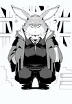 anthro biped book bottomwear clothing ear_piercing ear_ring eyewear glasses kemono male overweight overweight_male pants piercing ring_piercing shirt solo topwear sigenoya takotyutyu lagomorph leporid mammal rabbit 2022 absurd_res hi_res monochrome