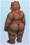 anthro barazoku black_nose brown_body brown_fur butt eyebrows frown fur head_tuft looking_back male musclegut muscular muscular_anthro muscular_male nude overweight overweight_anthro overweight_male pattern_background plantigrade rear_view simple_background solo standing tan_body tan_fur thick_eyebrows tuft bitfly morenatsu juuichi_mikazuki bear brown_bear mammal ursine 2020 absurd_res hi_res signature