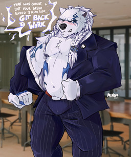 anthro armor belly belt big_arms big_hands blush blushing_at_viewer bodily_fluids bottomwear braided_hair bulge claws clothing corporate dialogue fluffy hair male moobs musclegut muscular musk nipples overweight overweight_male removing_shirt size_difference skirt solo suit sweat sweatdrop tattoo text sheenie league_of_legends riot_games tencent volibear bear mammal polar_bear ursine 5:6 absurd_res english_text hi_res