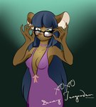 2012 anthro blue_hair breasts choker chromatophore cleavage clothed clothing dewey_teagarden dress eyewear female glasses green_eyes hair hi_res jewelry long_hair mammal mouse murid murine necklace nipple_outline pink_nose rodent solo