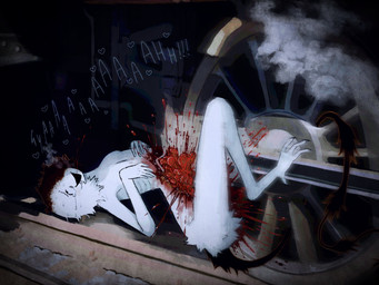 4_toes 5_fingers ambiguous_gender ambiguous_humanoid black_tail blood blood_from_mouth blood_in_mouth bodily_fluids coughing_blood detailed_background feet fingers foot_on_object fur gore guts intestines leg_tuft looking_up lying masochism mechanophilia monotone_body monotone_fur narrowed_eyes nude_ambiguous nude_humanoid on_back open_mouth open_smile organs outside ribs smile solo split_color steam tail tears toes train tuft vehicle wheel white_body white_fur wounded jejejunum ember_(jejejunum) humanoid spirit 2025 4:3 digital_media_(artwork) digital_painting_(artwork) hi_res painting_(artwork) shaded