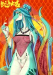 anthro apode areola blush breasts clothed clothing female genitals hair legless looking_at_viewer nipples pussy serpentine solo tail tongue wolflong reptile scalie snake hi_res