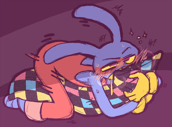 anthro aroused barefoot bite blush bodily_fluids breath clothing desperation drooling feet fur gloves grinding handwear male masturbation motion_lines overalls panting pillow pillow_bite pillow_humping purple_body purple_fur red_clothing saliva solo tremble_spikes yellow_clothing yellow_eyes yellow_gloves yellow_handwear yellow_sclera milkycalico glitch_productions the_amazing_digital_circus jax_(tadc) lagomorph leporid mammal rabbit