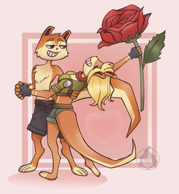 anthro blonde_hair breasts brown_body brown_fur chest_tuft clothed clothed_female clothing dancing duo eyes_closed feet female fingerless_gloves flower fur gloves grin hair hand_holding handwear heart_symbol male micro midriff orange_body orange_fur paws plant rose_(flower) semi-anthro smile smug_face tail toeless_(marking) topless topless_male tuft awkwardthief jak_and_daxter naughty_dog sony_corporation sony_interactive_entertainment daxter tess_(jak_and_daxter) mammal mustelid ottsel absurd_res digital_media_(artwork) hi_res
