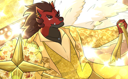 anthro facial_markings gold_(metal) gold_jewelry hair head_markings jewelry long_hair male markings red_body solo stage stage_lights dragokaizer666 mythology dragokaizer_(character) canid canine canis dragon hybrid mammal mythological_creature mythological_scalie scalie wolf 16:10 hi_res widescreen