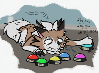 after_transformation ambiguous_gender bodily_fluids border brown_body brown_fur fangs feral fur inside lying on_front pushbutton quadruped sad solo sound_effects spikes spikes_(anatomy) tape tears teeth text toony_expression transformation upset whining white_body white_border white_fur caninegrey nintendo pokemon canid canine generation_7_pokemon lycanroc mammal midday_lycanroc pokemon_(species) 2024 english_text signature