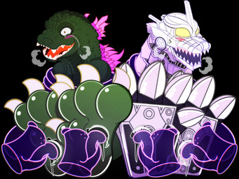 blush bodily_fluids breath claw_toes dripping fangs feet foot_fetish foot_focus foot_lick foot_play green_body grey_body group laugh licking machine male mecha restrained saliva saliva_drip spikes teeth tickling tickling_feet tongue yellow_eyes martie_(artist) godzilla_(series) toho godzilla kiryu_(godzilla) mechagodzilla ghost kaiju mechanical_dragon robot spirit 4:3 absurd_res hi_res