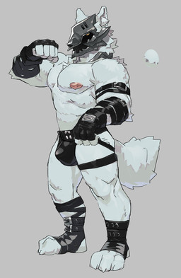 anthro big_arms bulge clothing fingerless_gloves fluffy fluffy_tail fur gloves handwear jockstrap kemono leather leather_clothing male mask muscular muscular_anthro muscular_male nipples pecs pointy_ears simple_background solo straps tail underwear wearing_mask white_body white_fur yellow_eyes liuxns canid canine canis mammal wolf hi_res