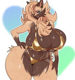anthro big_breasts bikini blue_eyes breasts brown_body brown_fur clothed clothing countershade_face countershade_legs countershade_thighs countershade_torso countershading female female_anthro fur gold_bikini hair hand_on_hip huge_breasts long_hair navel one_eye_closed simple_background solo standing swimwear tan_body tan_fur thick_thighs two-piece_swimsuit wide_hips wink ameliemercedez golden_week stacy_mooney canid canine canis mammal wolf absurd_res digital_media_(artwork) hi_res