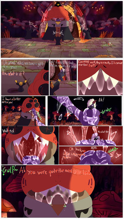 4_eyes abs bodily_fluids drooling female long_tongue macro male micro mouth_shot multi_eye open_mouth pupils red_body saliva scarf sharp_teeth size_difference teeth text tongue unwilling_prey uvula vore cult_of_the_lamb massive_monster_(studio) heket_(cult_of_the_lamb) amphibian frog comic english_text hi_res