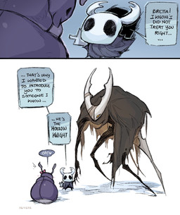 2_panel_comic ambiguous_gender antennae_(anatomy) anthro biped black_text cloak clothed clothing dialogue ellipsis exclamation_point female fingers group heart_symbol larger_ambiguous looking_at_another melee_weapon nail_(weapon) one_eye_obstructed orange_eyes sitting size_difference smaller_ambiguous speech_bubble standing talking_to_another text trio weapon weapon_on_back white_text 116116116el hollow_knight_(franchise) team_cherry bretta_(hollow_knight) hollow_knight_(character) the_knight_(hollow_knight) arthropod beetle insect vessel_(species) 2025 comic english_text hi_res