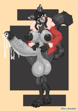 anthro balls big_balls big_breasts big_penis bodily_fluids breasts genital_fluids genitals gynomorph huge_penis intersex penis precum solo klmsama mammal procyonid raccoon absurd_res hi_res